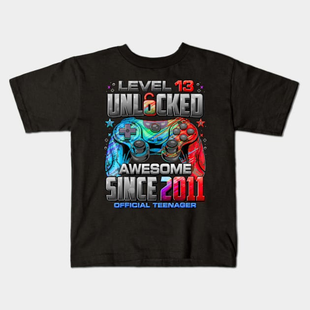 Level 13 Unlocked Awesome Since 2011 13th Birthday Gaming Kids T-Shirt by Cristian Torres